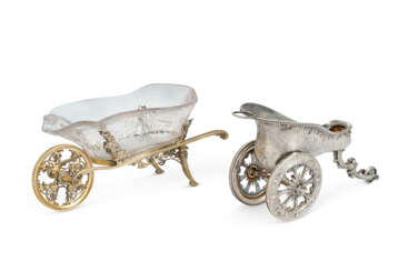 AN EDWARD VII SILVER-GILT AND CUT GLASS WHEELBARROW AND A FRENCH SILVER WINE TROLLEY