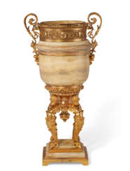 A LARGE NAPOLEON III ORMOLU AND ALGERIAN ONYX JARDINIERE ON STAND