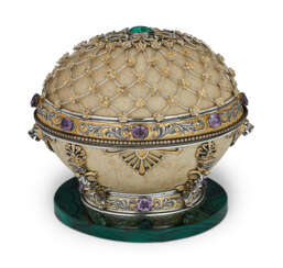 AN ITALIAN PARCEL-GILT SILVER AND HARDSTONE-MOUNTED OSTRICH EGG BOX