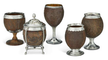 A GROUP OF FIVE BRITISH SILVER-MOUNTED COCONUT CUPS