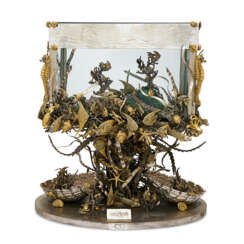 AN ITALIAN PARCEL-GILT SILVER AND GLASS AQUARIUM AND TWO MATCHING SILVER-MOUNTED HARDSTONE ORNAMENTS
