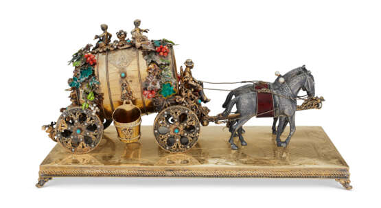 A CONTINENTAL ENAMEL AND PEARL-MOUNTED SILVER AND SILVER-GILT MODEL OF A BARREL-FORM CARRIAGE - photo 1