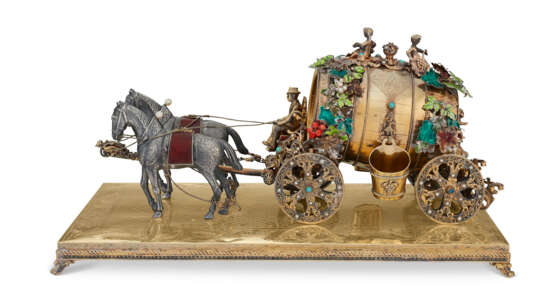 A CONTINENTAL ENAMEL AND PEARL-MOUNTED SILVER AND SILVER-GILT MODEL OF A BARREL-FORM CARRIAGE - photo 3