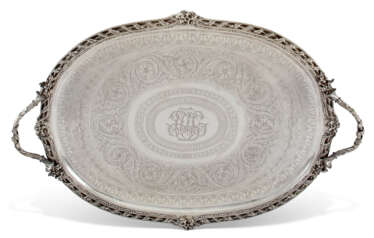 A LARGE FRENCH SILVER TWO-HANDLED TRAY