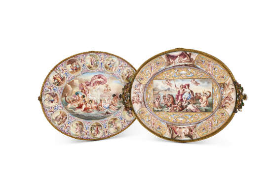 TWO CONTINENTAL GILT-METAL AND ENAMEL TRAYS - photo 1