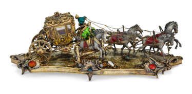 A CONTINENTAL SILVER-GILT, ENAMEL, AND HARDSTONE-MOUNTED MODEL OF A CARRIAGE