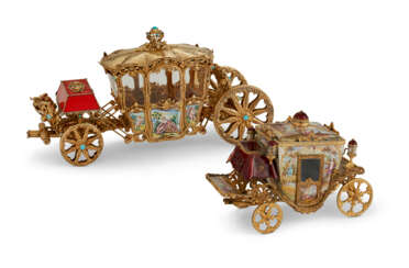 TWO CONTINENTAL ENAMEL, SILVER-GILT, AND GILT METAL MODELS OF CARRIAGES