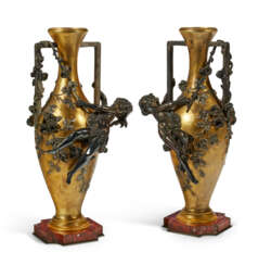 A PAIR OF FRENCH ORMOLU, SILVERED-BRONZE AND ROUGE GRIOTTE MARBLE FIGURAL VASES