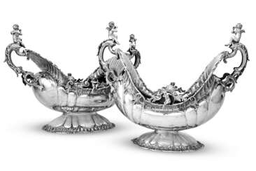 A PAIR OF LARGE CONTINENTAL SILVER TWO-HANDLED CENTERPIECES