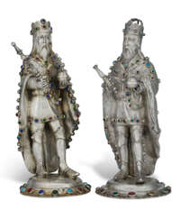 TWO GERMAN SILVER AND HARDSTONE-MOUNTED FIGURES OF KINGS