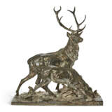A LARGE FRENCH SILVERED-BRONZE FIGURAL GROUP OF STAG AND FAWN - photo 1