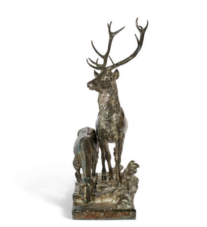 A LARGE FRENCH SILVERED-BRONZE FIGURAL GROUP OF STAG AND FAWN - photo 2
