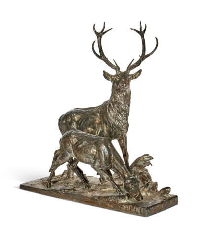 A LARGE FRENCH SILVERED-BRONZE FIGURAL GROUP OF STAG AND FAWN - фото 4