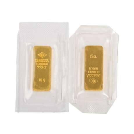 GOLD bar 2x 10 g GOLD fine, gold bar hist. Form, manufacturer Degussa, - photo 1