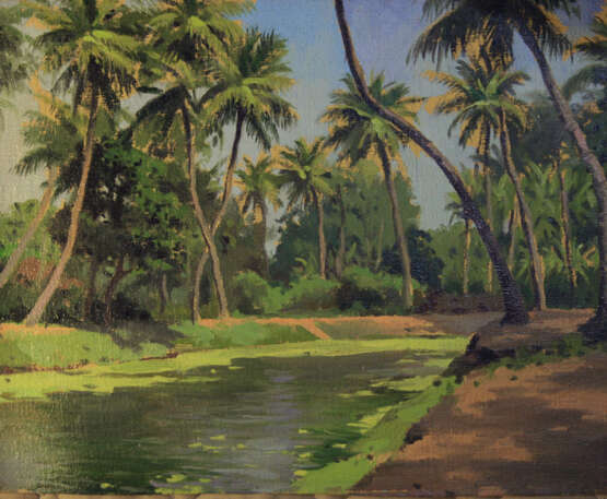 “Gardens of coconut palms in Puri Orissa India” Canvas Oil paint Realist Landscape painting 1996 - photo 1