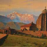 “Temple in the Himalayas Himachal India” Canvas Oil paint Realist Landscape painting 1998 - photo 1