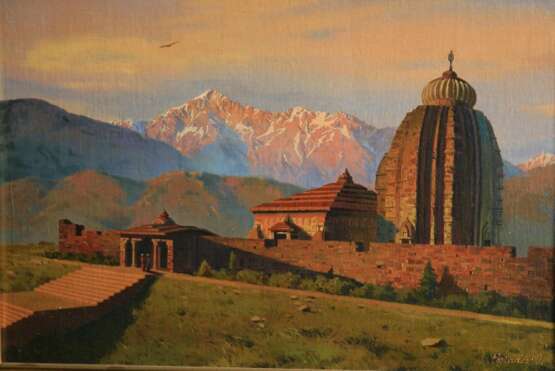 “Temple in the Himalayas Himachal India” Canvas Oil paint Realist Landscape painting 1998 - photo 1