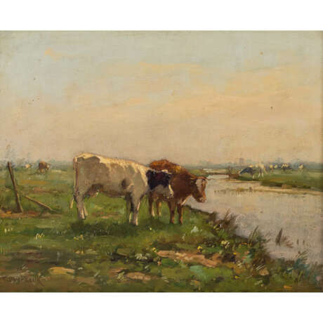 OVERKERK, T. (XIX) "Grazing cows on the river bank". - фото 1