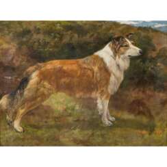 NETTLESHIP, JOHN TRIVETT (1841-1902), "Collie in front of Landscape," 1898,