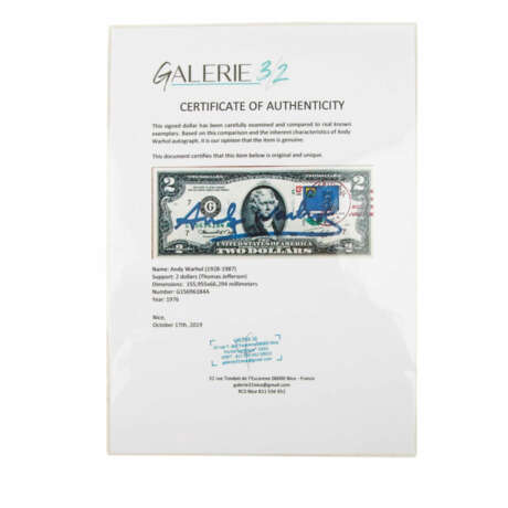 WARHOL, ANDY (1928-1987), "2 Jefferson's Dollars," 1976, as autograph, - photo 5