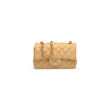 A BEIGE QUILTED CALFSKIN LEATHER MINI RECTANGULAR CLASSIC FLAP BAG WITH LIGHT GOLD HARDWARE - photo 1