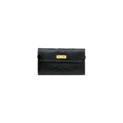 A MATTE BLACK ALLIGATOR KELLY WALLET WITH GOLD HARDWARE