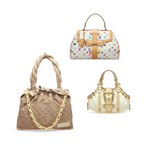 A SET OF THREE: A LIMITED EDITION WHITE MONOGRAM MULTICOLOR EYE LOVE YOU WITH GOLD HARDWARE BY TAKASHI MURAKAMI , A LIMITED EDITION BEIGE LAMBSKIN LEATHER MONOGRAM OLYMPE STRATUS BAG AND A LIMITED EDITION CREAM & GOLD ANTIGUA THEDA GM WITH GOLD HARDWARE - фото 1
