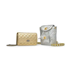 A SET OF TWO: A METALLIC GOLD QUILTED LAMBSKIN LEATHER WALLET ON CHAIN WITH AGED SILVER HARDWARE & A METALLIC SILVER QUITED LAMBSKIN LEATHER BACKPACK WITH GOLD HARDWARE
