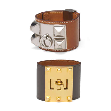 A SET OF TWO: A FAUVE BARÉNIA LEATHER COLLIER DE CHIEN BRACELET WITH PALLADIUM HARDWARE AND AN ÉTAIN SWIFT LEATHER EXTREME BRACELET WITH GOLD HARDWARE - photo 1