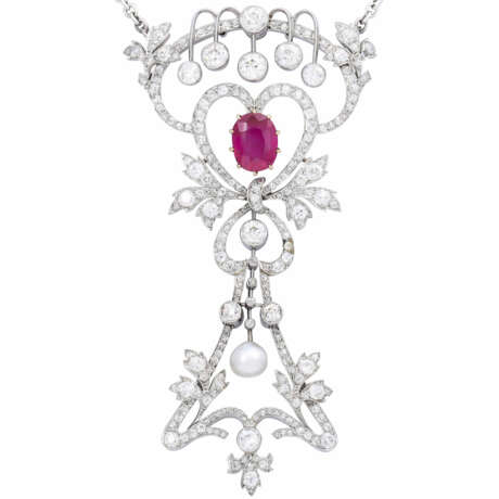 Antique necklace with ruby, oriental pearl and diamonds total ca. 7 ct, - photo 2