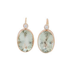 Earrings with oval prasiolites and diamonds total ca. 0,24 ct,