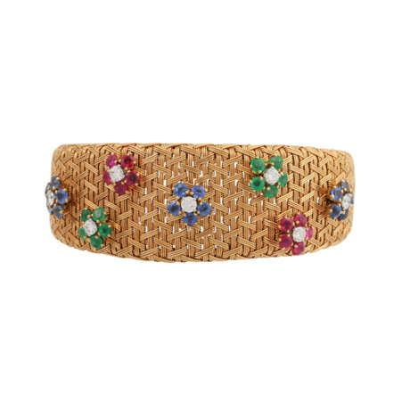 Braided bracelet with flowers of rubies, sapphires, emeralds and diamonds, - фото 1