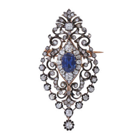 Antique pendant/brooch with sapphire and diamonds total ca. 2,35 ct, - photo 3