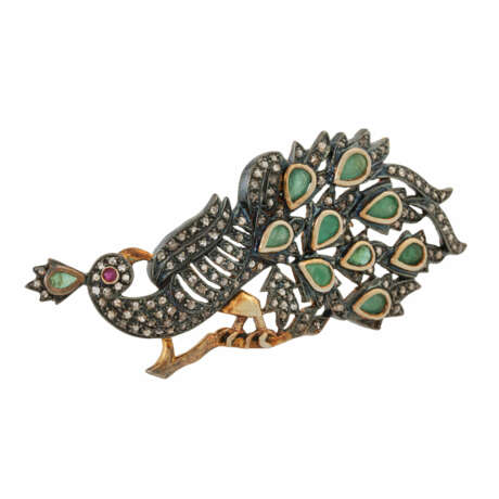 Brooch "Peacock" with emeralds and diamond roses, - photo 3