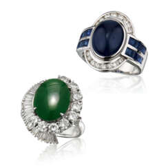 JADEITE AND DIAMOND RING; TOGETHER WITH A SAPPHIRE AND DIAMOND RING