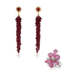 RUBY AND DIAMOND EARRINGS; TOGETHER WITH A COLOURED SAPPHIRE AND DIAMOND RING
