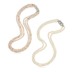NO RESERVE - CARTIER CULTURED PEARL AND DIAMOND NECKLACE; TOGETHER WITH A CULTURED PEARL AND DIAMOND NECKLACE