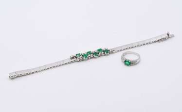 Mixed Lot: Emerald Diamond Ring and Emerald Diamond Bracelet