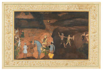 A YOUNG PRINCE ACCOMPANIED BY A RETINUE OF HUNTSMEN AND A TRIBAL COUPLE STALKING DEER BY NIGHT