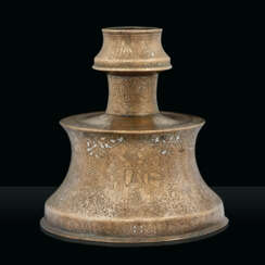 A SIIRT SILVER-INLAID BRONZE CANDLESTICK WITH ARMENIAN INSCRIPTION