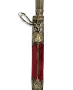 Daggers. A JADE-HILTED DAGGER (KARD) WITH RARE NIELLOED SCABBARD