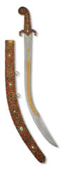 AN OTTOMAN CORAL AND TURQUOISE INSET GILT BRASS MOUNTED SWORD (KILIJ)