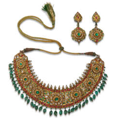 A GEM-SET AND ENAMELLED GOLD NECKLACE AND EARRINGS