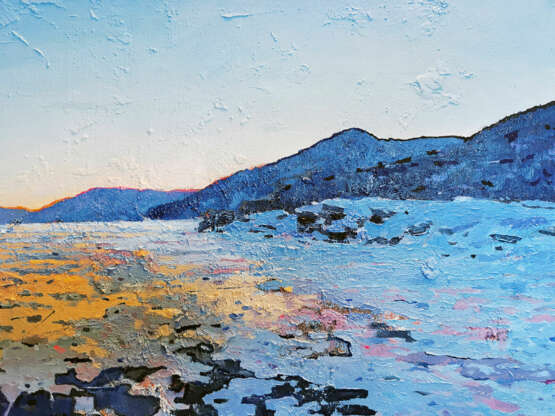 Ледяной закат в Большом Голоустном Canvas on the subframe Oil Impressionism Landscape painting Russia 2022 - photo 3