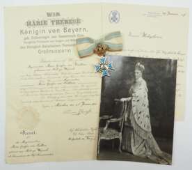 Bayern: Theresien-Orden, Kreuz der Ehrendame, mit Verleihungsurkunde für die Majorswitwe Marie Gräfin von Bullion.