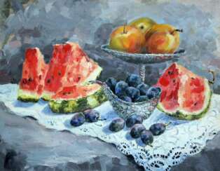 Still life with plums and watermelon