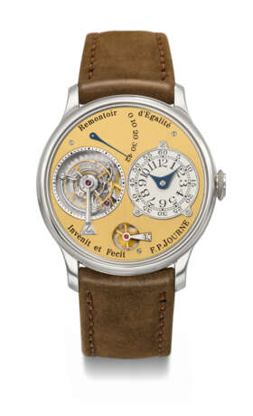 F.P. JOURNE. AN EXTREMELY RARE AND EARLY PLATINUM TOURBILLON WRISTWATCH WITH POWER RESERVE, REMONTOIR D’EGALIT&#201;, BRASS MOVEMENT AND YELLOW GOLD DIAL - Foto 1