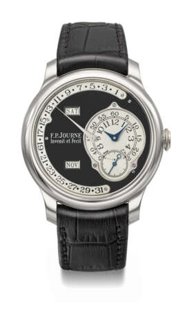 F.P. JOURNE. AN EXCLUSIVE, RARE AND ATTRACTIVE PLATINUM AUTOMATIC ANNUAL CALENDAR WRISTWATCH WITH BLACK DIAL AND RETROGRADE DATE - фото 1