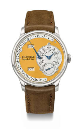 F.P. JOURNE. AN EARLY AND RARE PLATINUM AUTOMATIC ANNUAL CALENDAR WRISTWATCH WITH RETROGRADE DATE AND BRASS MOVEMENT - фото 1