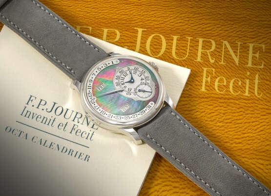 F.P. JOURNE. AN EXTREMELY RARE AND MAGNIFICENT PLATINUM LIMITED EDITION AUTOMATIC ANNUAL CALENDAR WRISTWATCH WITH RETROGRADE DATE AND BLACK MOTHER-OF-PEARL DIAL - photo 3